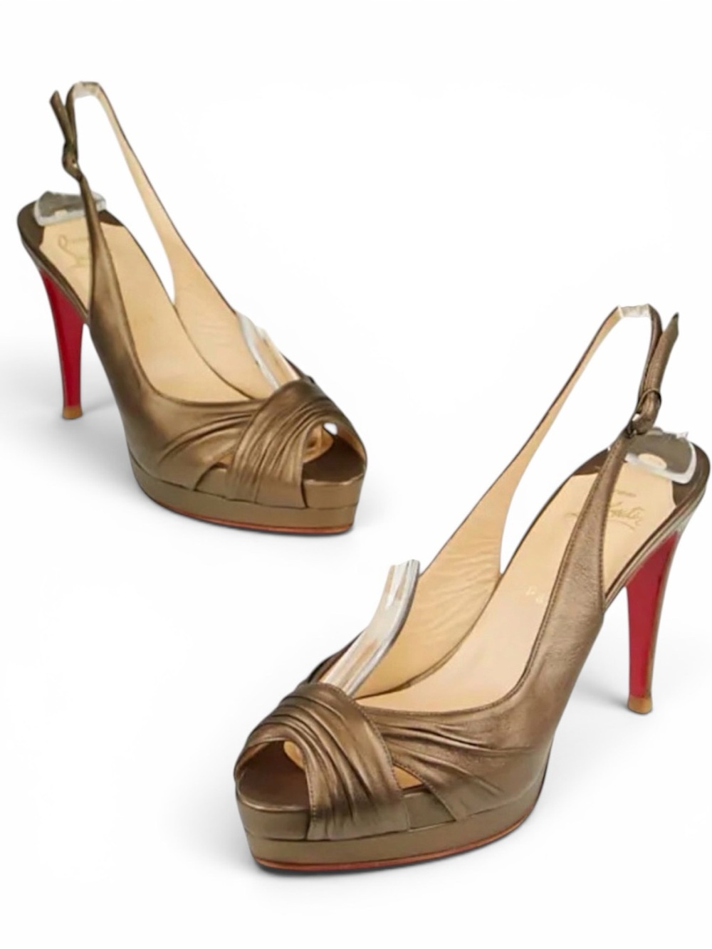 Christian Louboutin bronze leather peep-toe slingback pumps Size 37.5